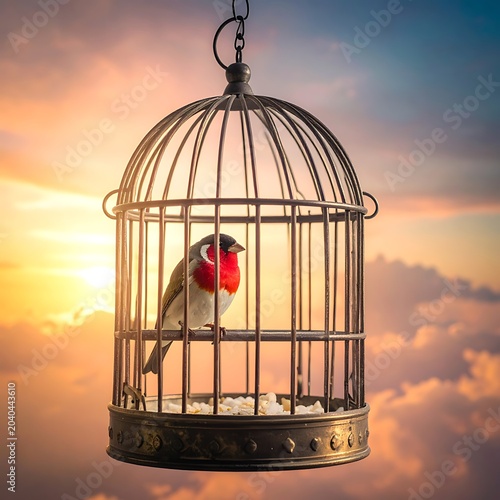 A bird in a cage against a sunset sky with clouds