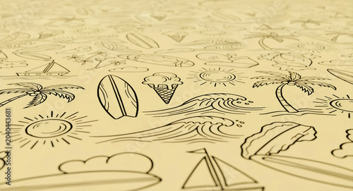 Summer line art doodles on a beige background. Hand drawn icons of surfboards, palm trees, suns, and waves form a tropical pattern. Beach vacation concept for seasonal marketing and holiday design.