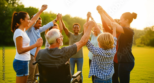 Diverse group of people holding hands in a circle with a man in a wheelchair. Multi-generational community raising arms together at sunset. Unity and inclusion concept for social welfare marketing.