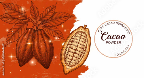 Hand-drawn botanical illustration of cacao pods and leaves. Vintage engraving showing cocoa beans inside a pod with superfood label. Organic chocolate concept for food packaging design.