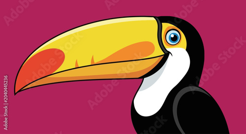 Photos Cartoon toucan with large yellow beak and blue eyes, graphic element on a pink b