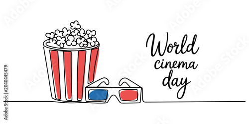 Foto Continuous line drawing Cinema, movie, film, popcorn, 3D glasses, World Cinema D