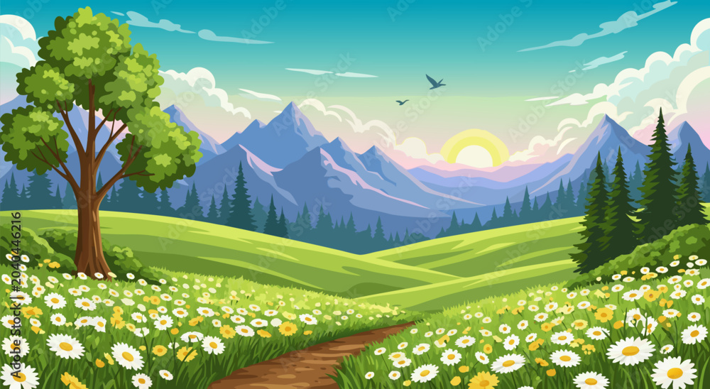 Obraz premium Vibrant Mountain Landscape Vector Illustration with Winding Path Through a Daisy Meadow at Sunrise