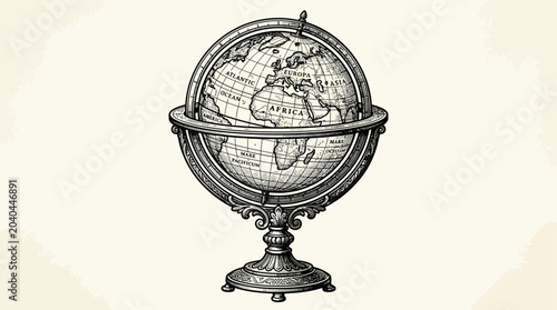 Vintage globe on antique stand, illustration, nobody, old