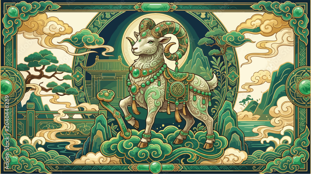 Fototapeta premium Majestic goat adorned with intricate emerald jewelry standing elegantly in a traditional ancient chinese artistic style