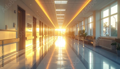 A long, empty hospital corridor with shiny floors and warm lighting