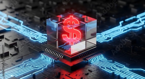 Glowing red dollar sign inside glass cube on circuit board