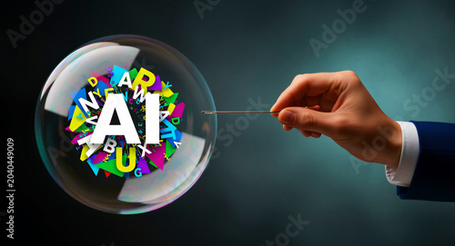 Hand with needle about to pop a bubble containing AI text. Person pointing a pin at a fragile bubble symbolizing artificial intelligence. AI bubble burst concept for tech overvaluation and market.