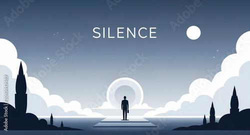 Silhouette of a businessman standing peacefully facing a celestial portal. Minimalist landscape with clouds and the word silence. Mental health and mindfulness concept, ideal for wellness ads.