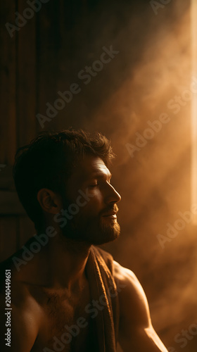 Man in Sauna: A man relaxes in a steamy sauna, his face illuminated by a warm shaft of light, embodying tranquility and rejuvenation.