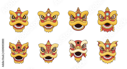 Bild auf Leinwand Chinese Lion Dance Heads Collection - Traditional Festive Asian Culture Icons