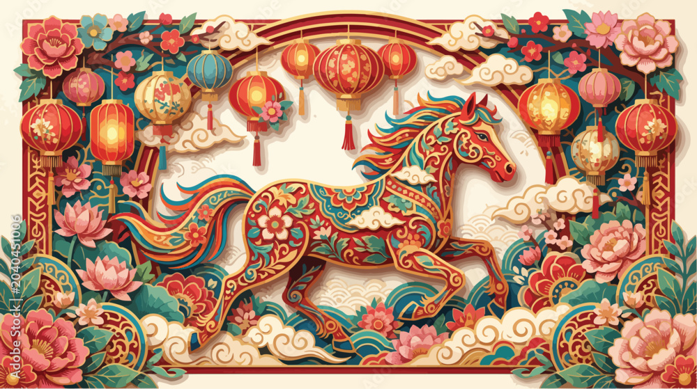 Fototapeta premium Ornate paper craft horse decorated with floral patterns surrounded by traditional glowing red chinese lanterns celebration