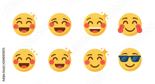 Принти на полотні Set of 8 happy smiling emoji faces with blushing cheeks and sparkles, white back