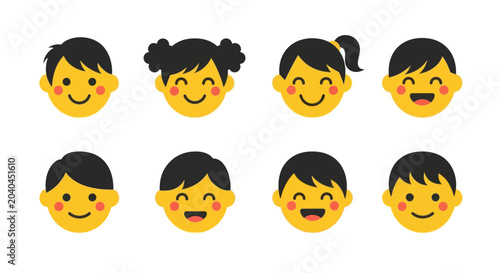 фотографія Diverse Set of Happy Children Faces Icons, Vector Illustration