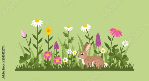 Cute cartoon rabbit in a field of colorful wildflowers and green grass, flat illustration style.