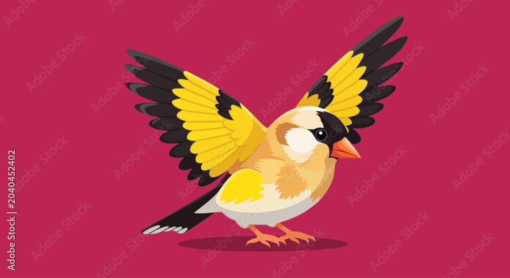 Naklejka premium Cartoon goldfinch bird with open wings in graphic style, isolated vector illustration