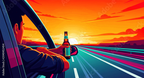Man holding a beer bottle while driving on a highway at sunset. Vector illustration of irresponsible drinking under the influence. Drunk driving and road safety concept for legal awareness.