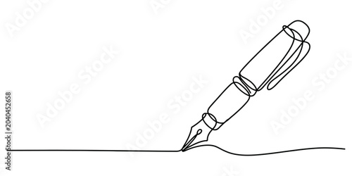 Continuous single line drawing of a fountain pen writing on paper