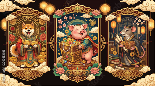 Festive chinese zodiac animals featuring a dog a pig and a rat with golden treasures