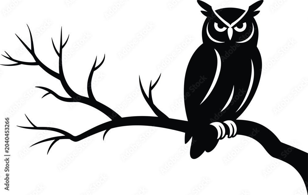 Obraz premium Owl silhouette perched on bare tree branch, mysterious nocturnal bird illustration, black and white minimal design, symbol of wisdom, night nature art