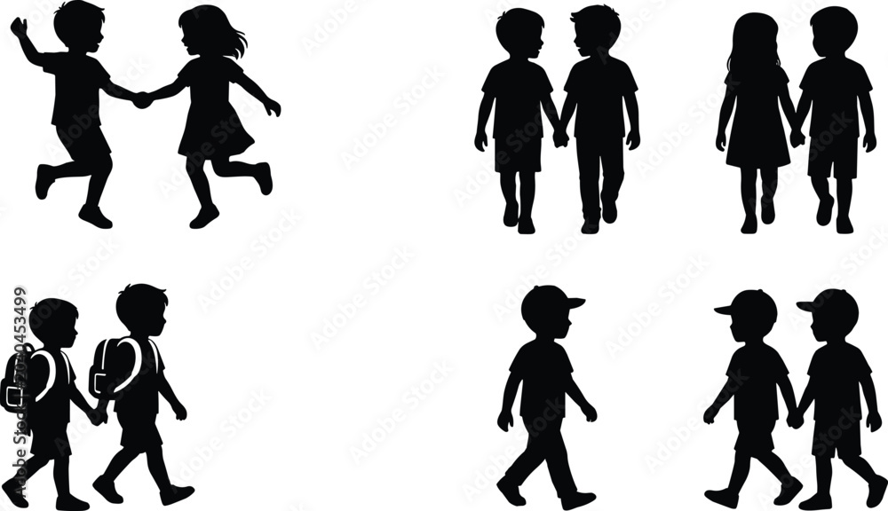 Obraz premium Silhouette illustration of children walking, dancing, and holding hands, symbolizing friendship, companionship, movement, and diverse playful childhood experiences together