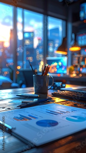 A blurred office desk with papers and a mug by the window