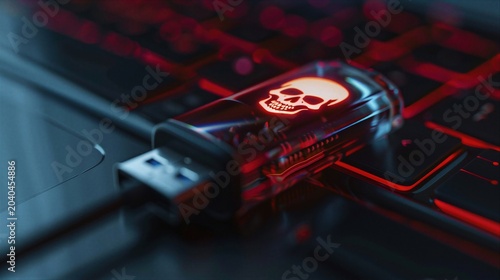 USB flash drive with glowing skull symbol plugged into laptop keyboard. Concept of cyber security threat, computer virus, data theft and hacking. Digital malicious software danger.