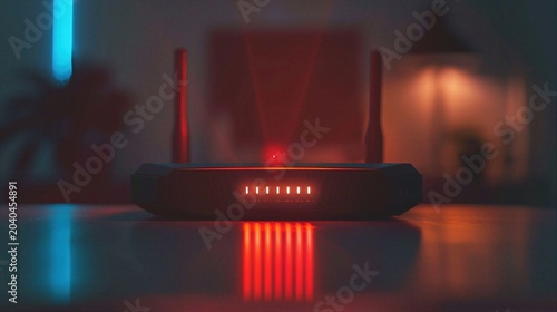 Wireless router beaming glowing light in dark room. Modern internet communication device with wifi signal. Electronic equipment for digital network connection and high speed data transfer.