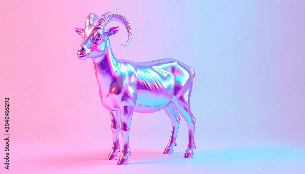 Fototapeta premium 3D low poly metallic goat in neon pink lighting.