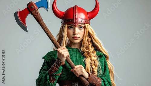 Viking Woman with Axe and Horned Helmet - A Fierce Warrior Portrait.
