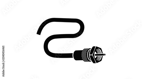 Black coaxial cable with connector, isolated on white background, illustration
