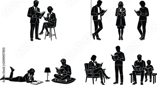 Obraz na płótnie Silhouette illustration of diverse individuals reading books in multiple posture