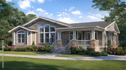 Modern single-story house with large windows, spacious porch, and landscaped yard under a bright blue sky.
