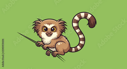 Foto Cute cartoon marmoset monkey hanging on a thin branch, vector illustration