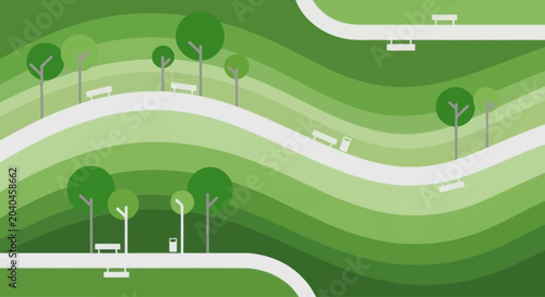 Green park landscape with wavy layered hills, trees, and benches, flat design vector illustration.