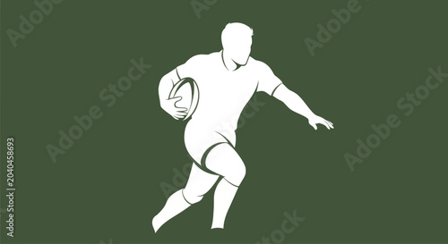 Rugby player illustration, running with ball, sport graphic element, isolated on dark green background