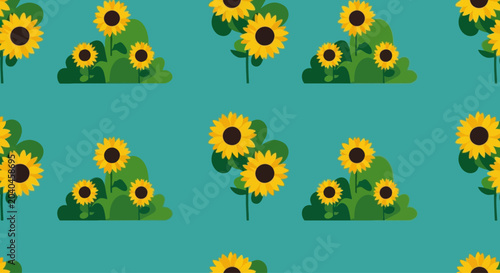 Seamless pattern with cartoon sunflowers and green bushes on a teal background, flat design graphic element.