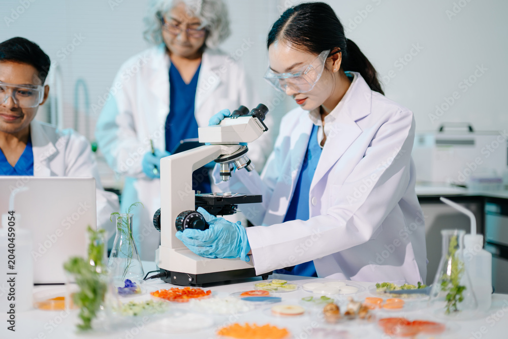 Fototapeta premium Professional scientists performing laboratory research with microscopes, biotechnology testing, medical innovation and healthcare science in a modern lab.