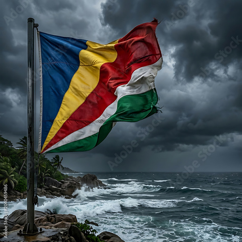 Seychelles National Flag Waving Over Stormy Tropical Coastline 