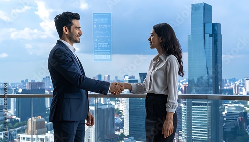 A man and woman shake hands on a balcony overlooking a city