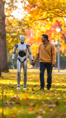 A man and a robot walking hand in hand
