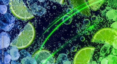 Fresh lime slices floating in sparkling water with many bubbles on a dark background