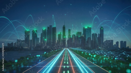 Futuristic Cityscape with Digital Network and Speeding Road