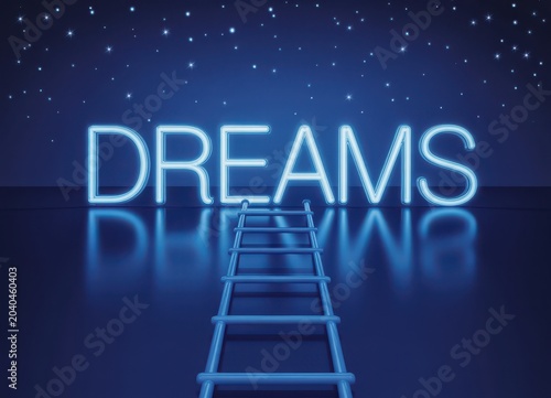 Ladder leading to neon sign that says DREAMS against a starry night sky