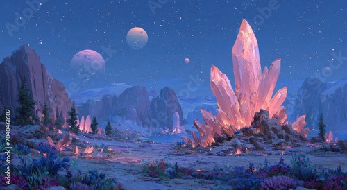 Surreal landscape featuring large glowing crystals surrounded by rocky terrain, distant mountains, and multiple celestial bodies in a starry night sky