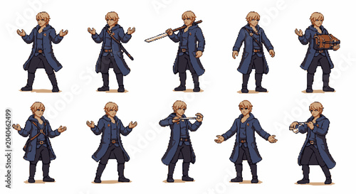 Anime style male character sprite sheet in blue.