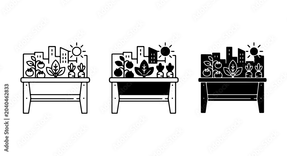 Naklejka premium Urban Gardening Icons: Cityscape Planter Bench, Sustainable Living, Green City Concepts, Vector Elements