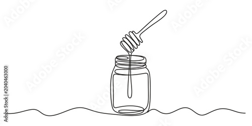 Continuous line drawing of a glass honey jar with a wooden dipper inside