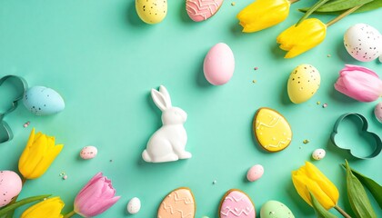 Colorful Easter Eggs and Tulips on Teal Background.