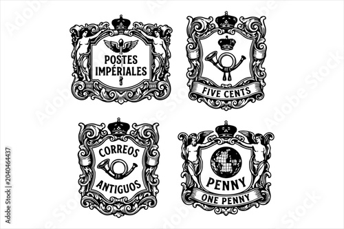 Schilderij op canvas Set of four vintage postage stamps frames and ornamental heraldic emblems with f